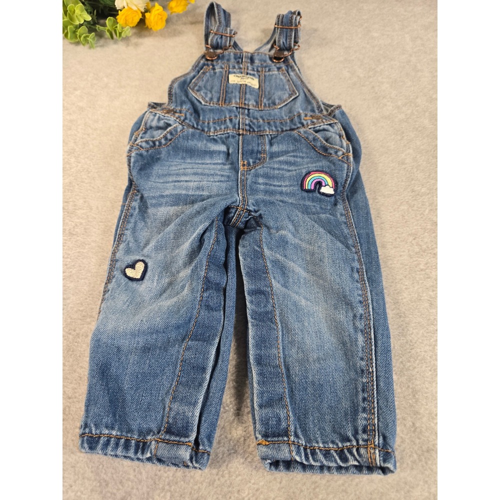 OshKosh Denim Overalls Baby 6-9m Blue Rainbow Heart Patch Embroidered Classic - Picture 3 of 7